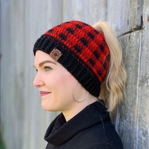 Handmade Adult Buffalo Plaid Ponytail Hat